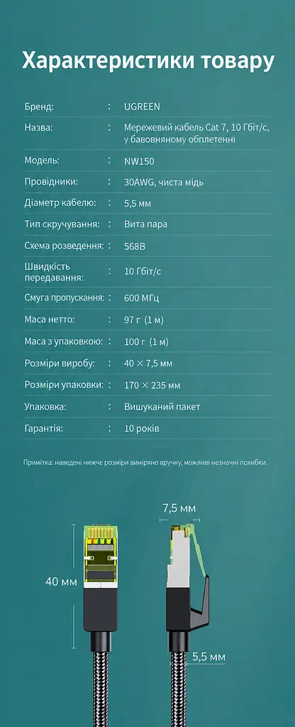 Мережевий кабель Ethernet UGREEN NW150 5 м патч-корд RJ45 штекер на RJ45 штекер Cat7 до 10 Гбіт/с з подвійним екрануванням у бавовняному обплетенні жили з чистої міді 600 МГц чорний (80425) - фото 13