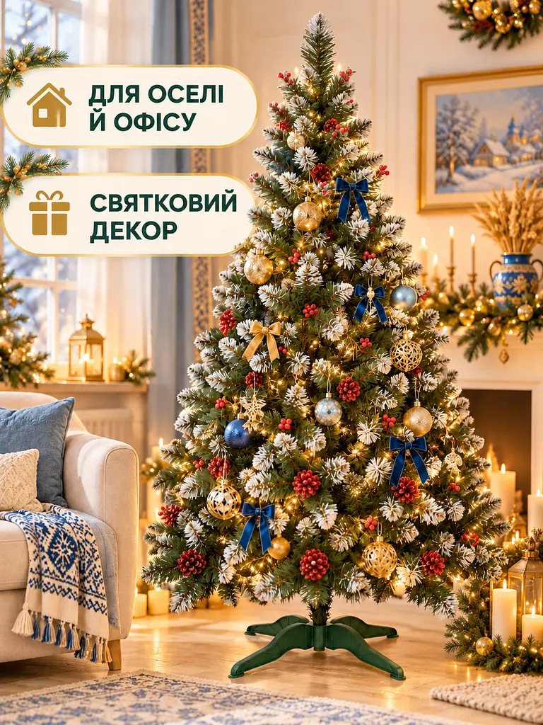 Ялинка штучна YaLINKA КK20 Адель 200 см, із червоними шишками, перлами та засніженими кінчиками, зелена (49676507) - фото 8
