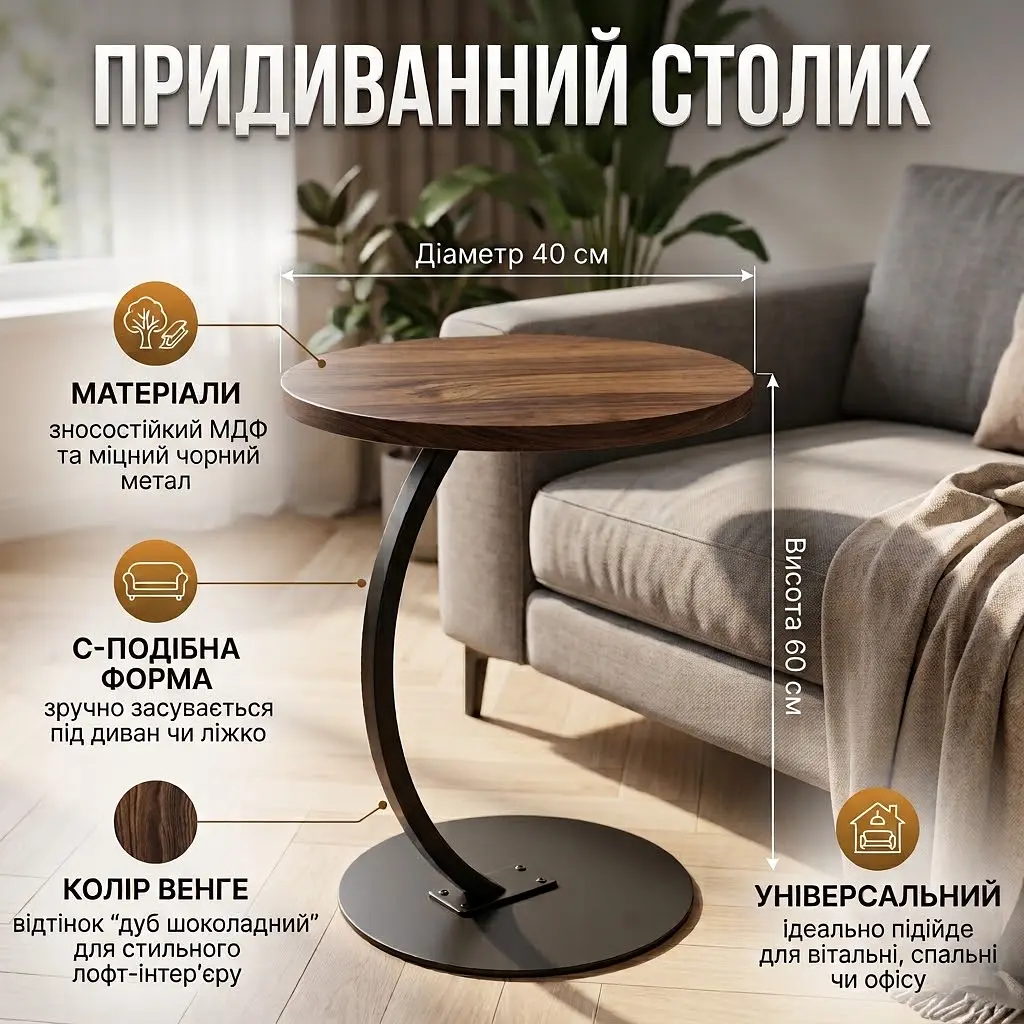 Cтолик круглий журнальний придиваний Idea 40х60 см матеріал МДФ ніжка з металу

 - фото 2