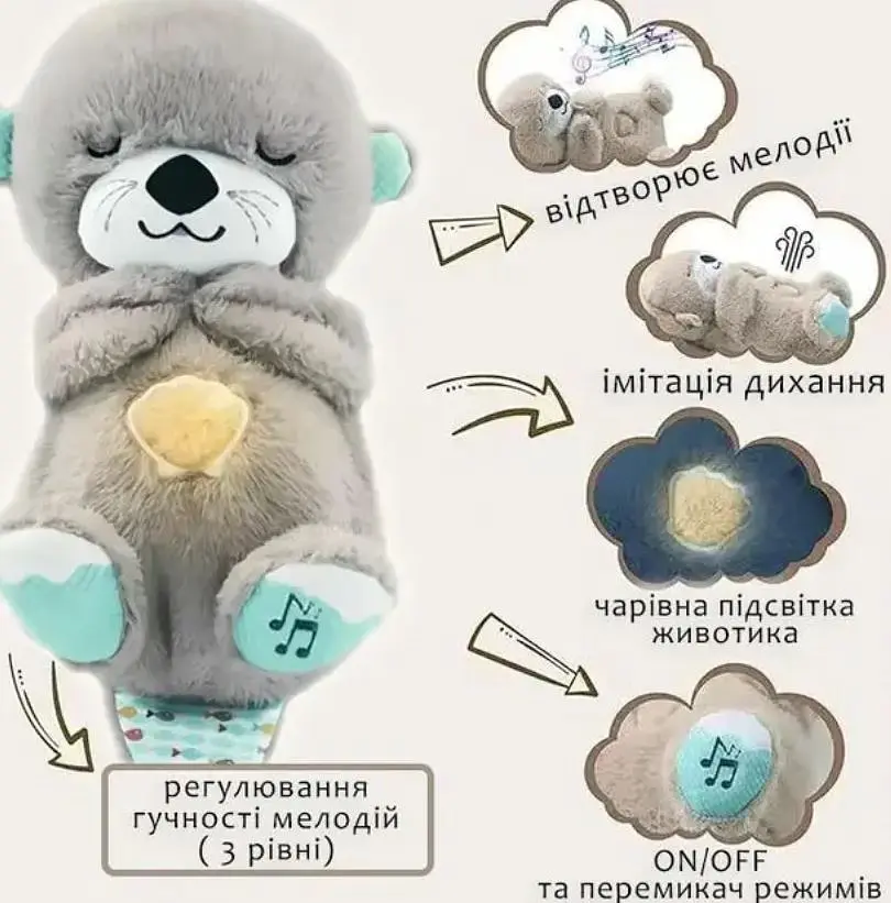 Дитяча м'яка іграшка нічник Видра обіймашка реалістично дихаюча і сопляча 3 режими 30см UKC 2118 сіра - фото 5