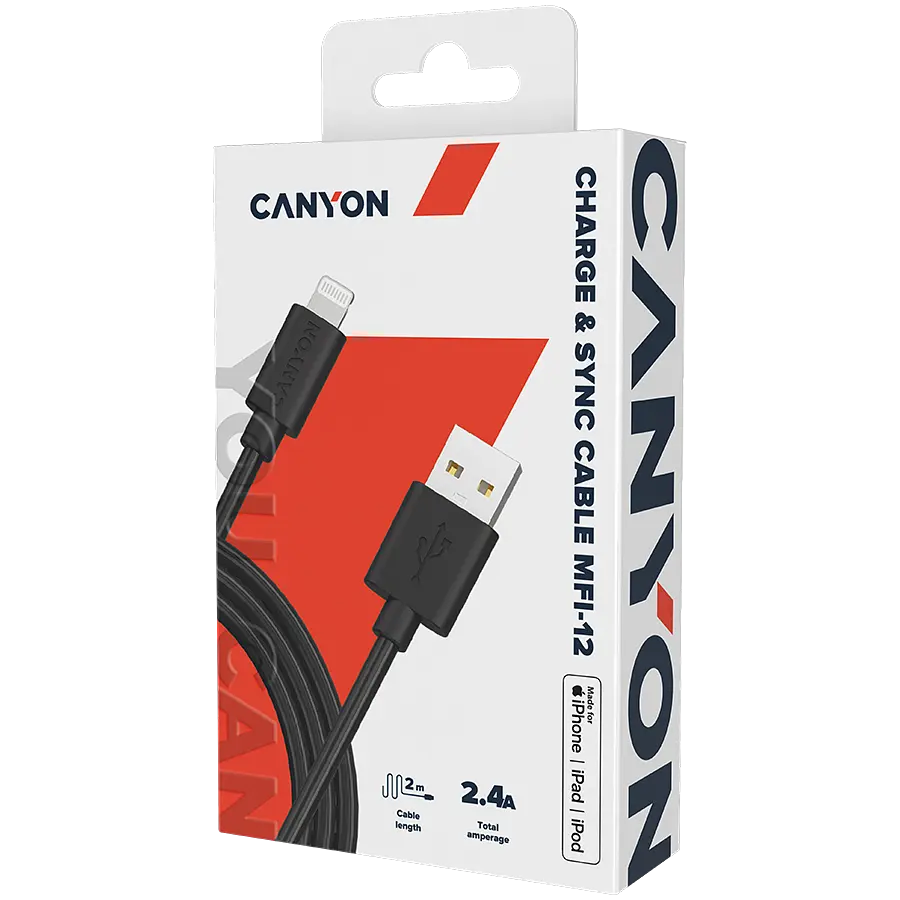 Кабель Lightning Canyon Charge & Sync USB-A to Lightning 2m Чорний (CNS-MFIC12B) - фото 2
