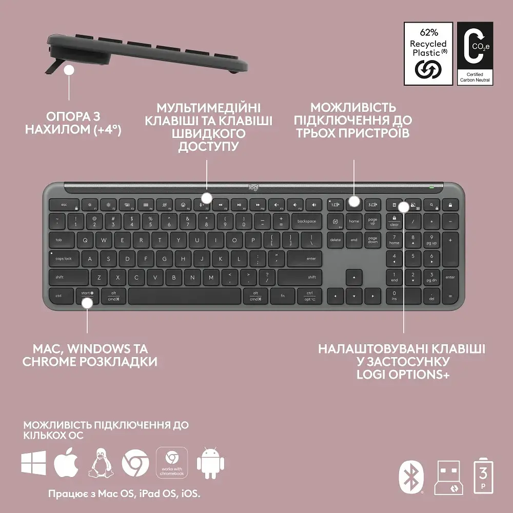 Комплект (клавіатура, миша) бездротовий Logitech Signature Slim Combo MK950 Graphite (920-012490) - фото 9