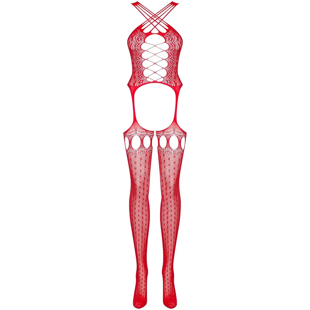 Бодістокінг Obsessive Bodystocking G313 S/M/L Red, шнурівка, геометричний декор - фото 5