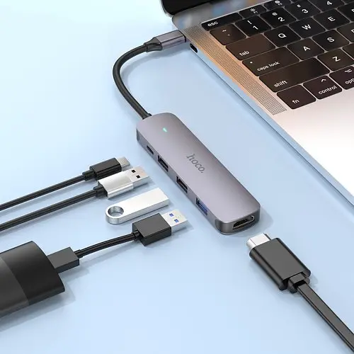 Хаб USB HOCO HB27 Type-C multi-function converter HDTV+USB3.0+USB2.0х2+PD Сірий - фото 2