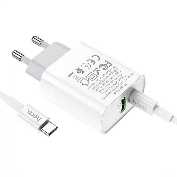 Адаптер сетевой HOCO C80A Type-C to Type-C cable rapido charger set C80A, 1USB/1Type-C, QC/PD, 20W, 3A Белый - фото 3