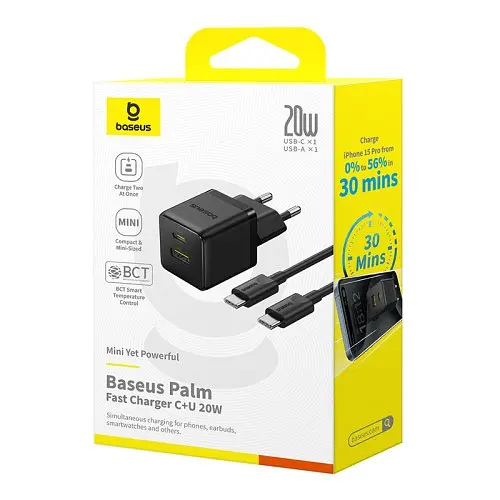 Адаптер - зарядний пристрій Baseus Palm Fast Charger C+U 20W + кабель Type-C to Type-C P10111608113-01 P10111608113-01 - фото 5