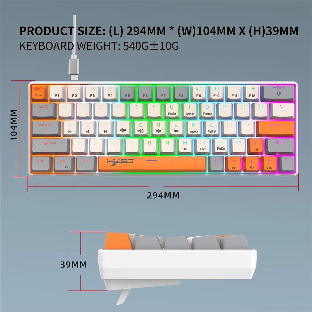 Ігрова механічна дротова клавіатура HXSJ V500 / Blue Switch / 60% / RGB / Colourful - фото 6