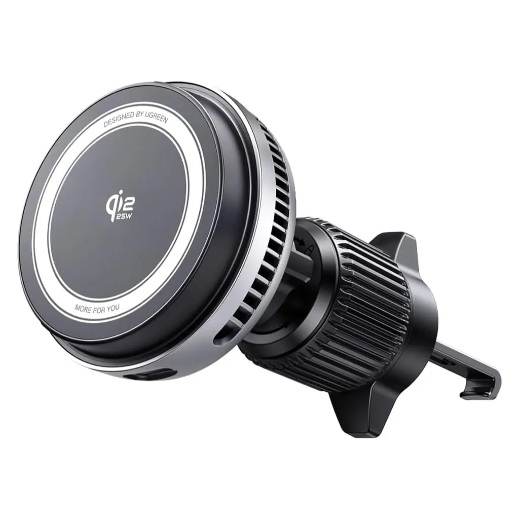Магнітний автотримач із бездротовим заряджанням UGREEN MagFlow Pro W778 Qi2 до 25 Вт для iPhone 16–17 з iOS 26+ до 15 Вт для iPhone 12–15 для 25 Вт потрібен адаптер PD від 45 Вт на одному порту без чохла або з MagSafe активне охолодження TEC і вентилятор кріплення на вертикальну/горизонтальну решітку обертання 360° LED-індикатор кабель USB-C ↔ USB-C 1,5 м у комплекті темно-сірий із чорним сріблястим оздобленням і білими написами (75250)