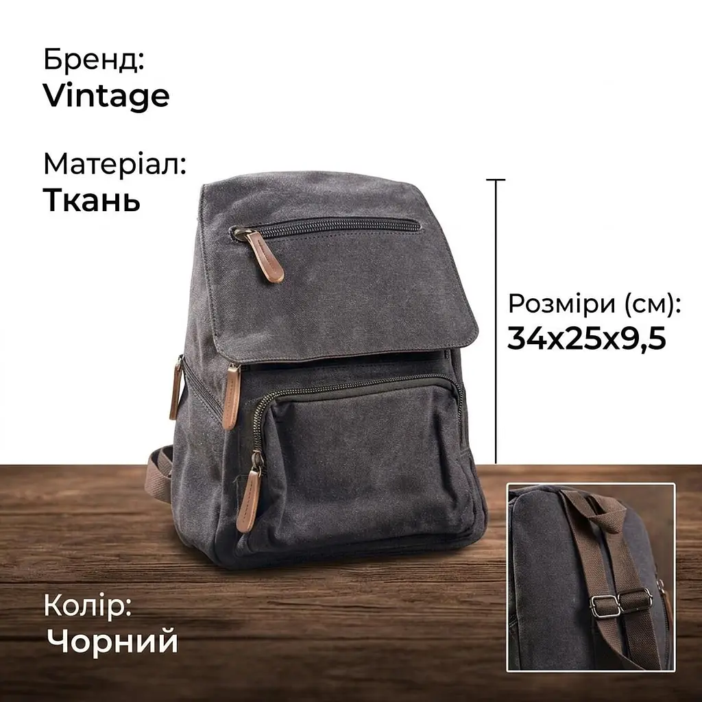 Компактний жіночий текстильний рюкзак 20194 Vintage чорний - фото 3