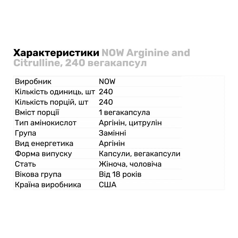 Аминокислота Now Sports Arginine and Citrulline 240 вегакапсул - фото 2