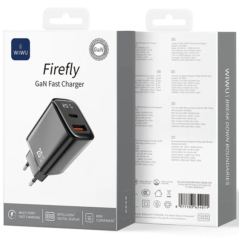 Мережевний зарядний пристрій WIWU G009 Firefly PD20W+QC3.0 GaN 1USB-A/1C Black - фото 2