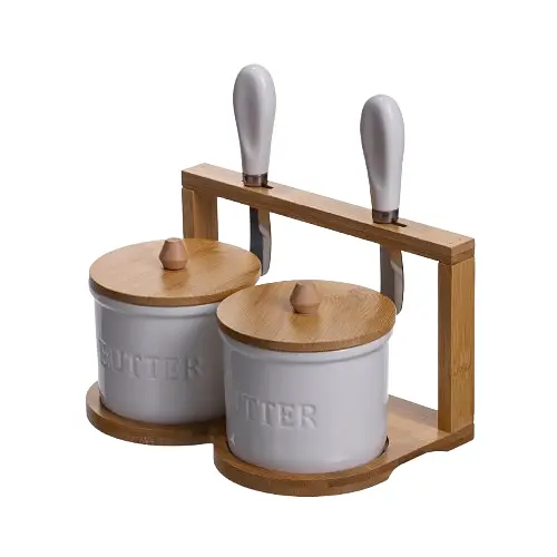 Набор масленок для сливочного масла 2 (шт) с ножами на бамбуковой подставке Yiwu SCT-641 - фото 2
