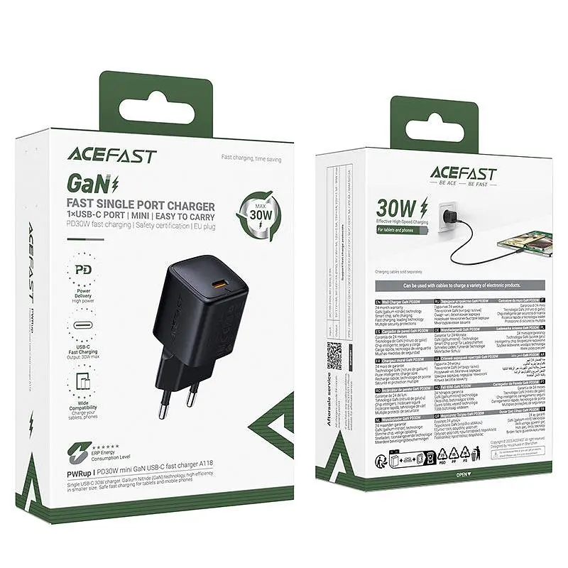 Адаптер сетевой ACEFAST PD mini GaN USB-C fast charger A118 1USB-C, 30W/3A - фото 2