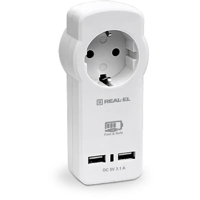 Мережевий зарядний пристрій з розеткою REAL-EL CS-30 (2USB, 3.1A) Білий - фото 2