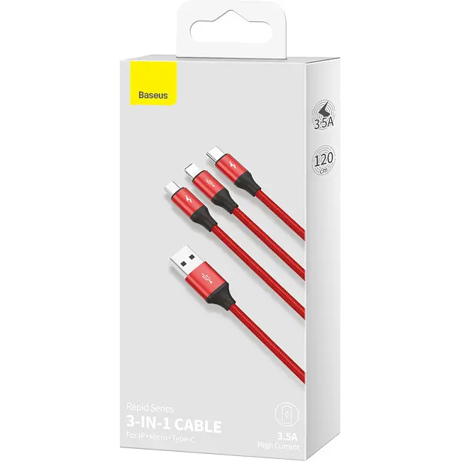 Кабель Baseus Rapid Series 3-in-1 Cable USB to MicroUSB+Lightning+Type-C 2A 1.2m CAJS000009 Red - фото 3