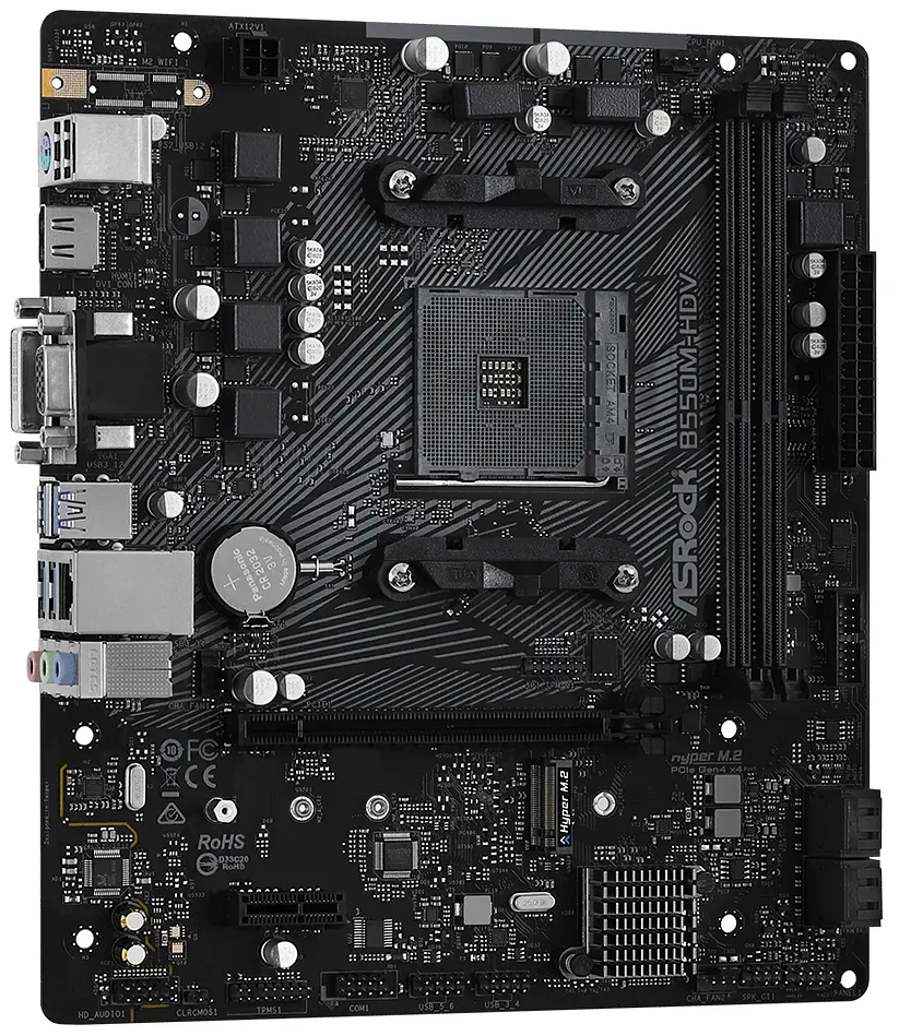 Материнська плата AM4 (B550) ASRock B550M-HDV, B550, 2xDDR4, Int.Video(CPU), 4xSATA3, 1xM.2, 1xPCI-E 16x 4.0, 1xPCI-E 1x 3.0, 8x, 1xM. RTL8111H, 6xUSB3.2/6xUSB2.0, VGA/DVI-D/HDMI, MicroATX - фото 3