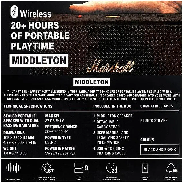 Портативна акустика Marshall Middleton HC бездротова чорна - фото 9