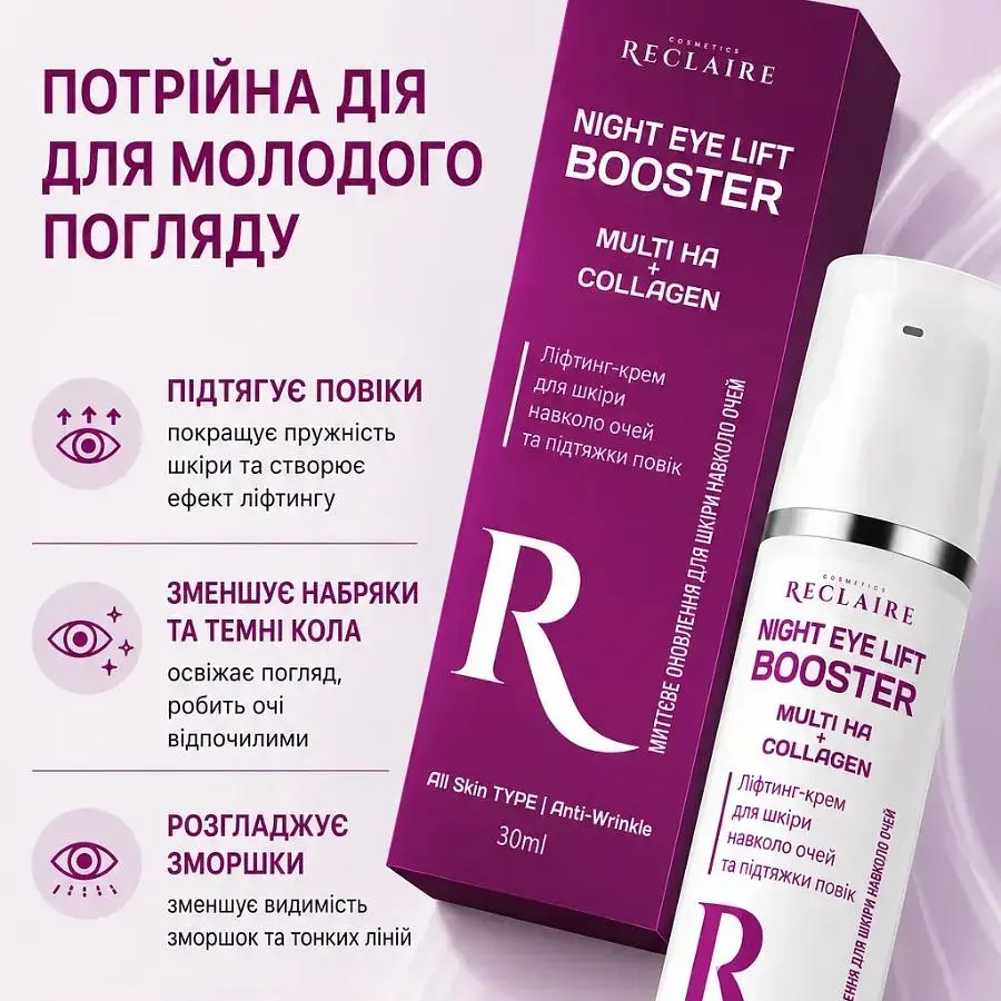 Ліфтинг-крем для шкіри навколо очей та підтяжки повік Night Eye Lift Booster Reclaire cosmetics 30 мл - фото 2