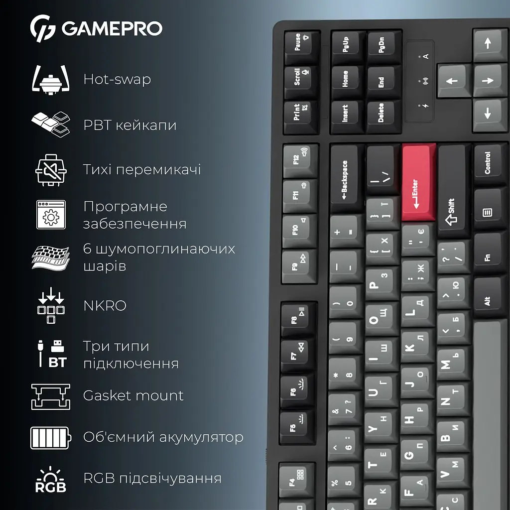 Клавиатура GamePro Asgard Ragnar Keychron Super Red Switch Wireless/Bluetooth/USB Black беспроводная (MK285BK) - фото 14