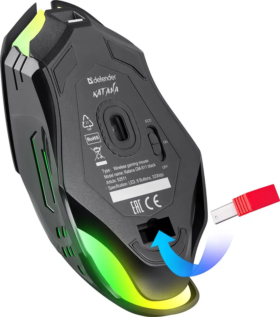 Комп'ютерна мишка Defender Katana GM-511 бездротова ігрова 6кн. 3200 dpi. 400 mAh чорна (52511) - фото 4