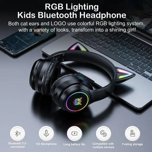 Беспроводные игровые наушники с кошачьими ушками Onikuma B90 с RGB подсветкой Наушники для стриминга Черный - фото 9