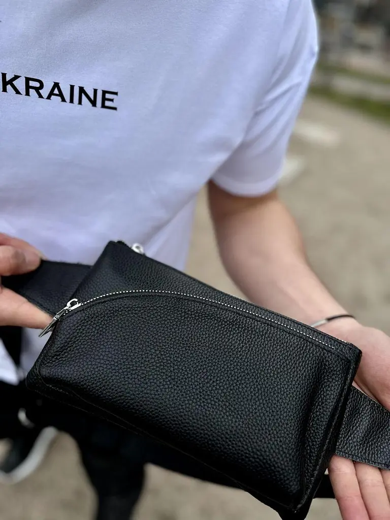 Сумка бананка чоловіча шкіряна поясна крос-боді чорна 54928 - фото 5