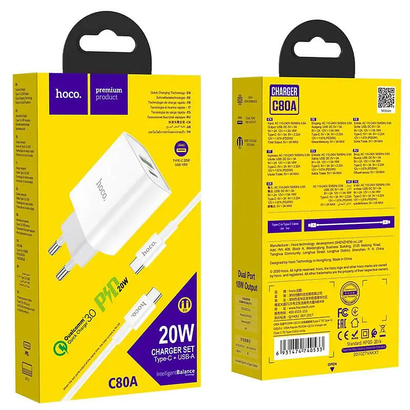 Комплект зарядный набор Hoco C80A Type-C to Type-C cable Rapido 2 порта 1 USB и 1 Type-C - фото 9