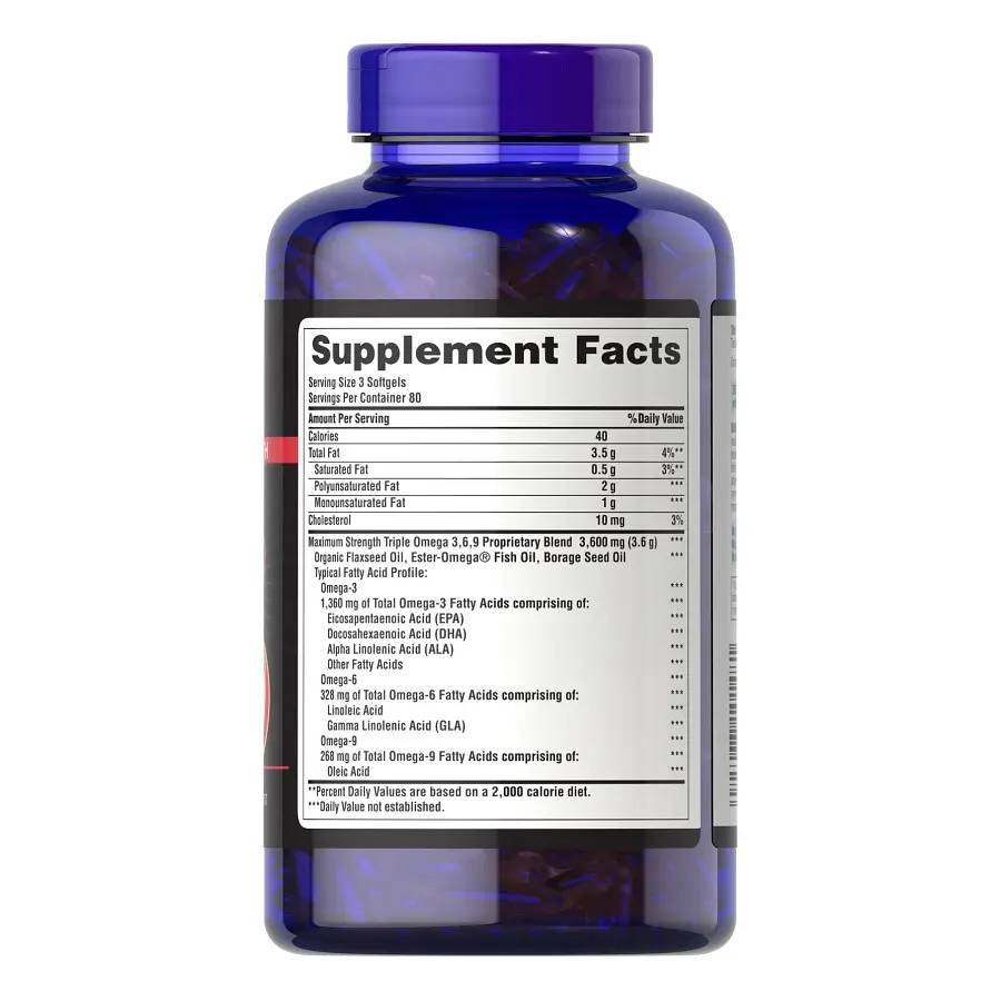 Жирні кислоти Puritan's Pride Triple Omega 3-6-9 Fish Flax & Borage Oils Maximum Strength 240 капсул - фото 2