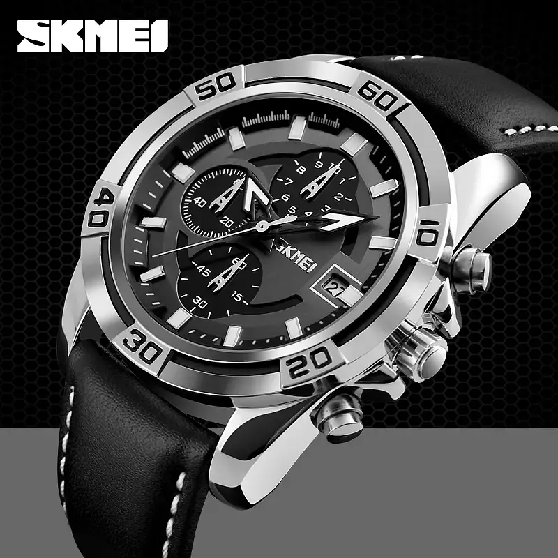 Наручний годинник Skmei 9156 шкіряний ремінець Silver Black (16706) - фото 3