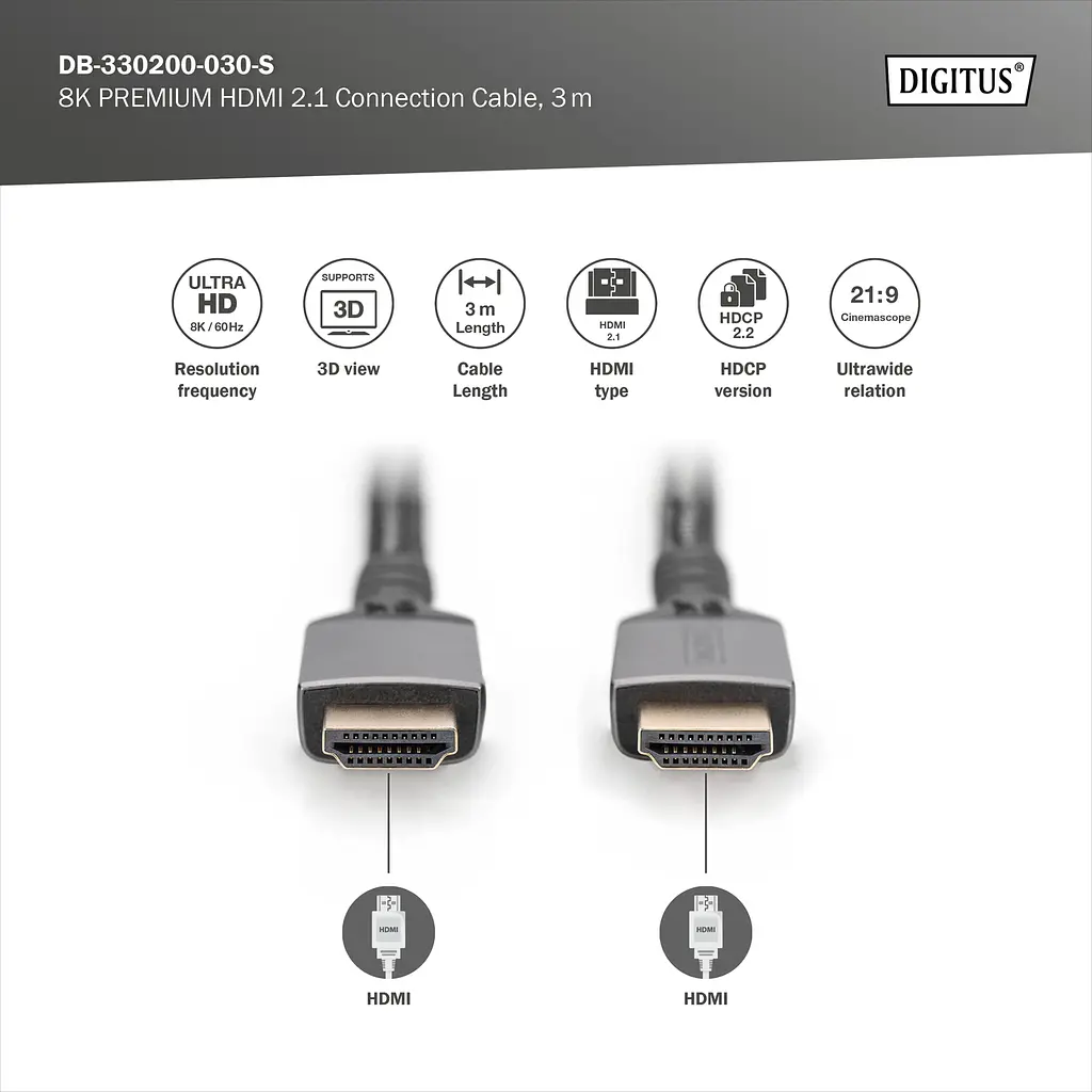 Кабель Digitus HDMI (M/M), 8K, Ultra High Speed/Ethernet, 3м, чорний - фото 3