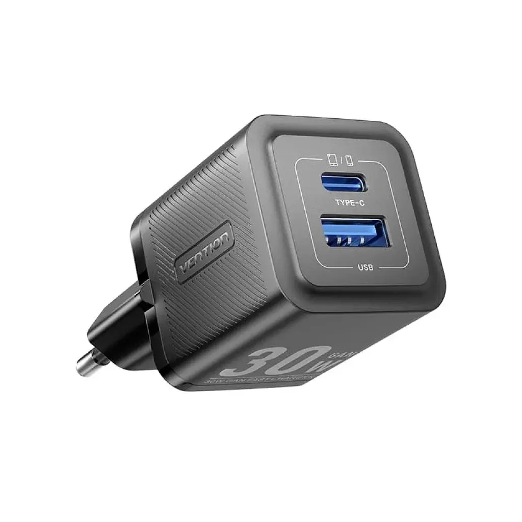 Зарядний пристрій Vention 1xUSB-C PD 30 Вт + 1xUSB QC 3.0 30 Вт GaN + кабель USB-C — USB-C 1.0 м чорний (TZ-FEQB0-EU-01)