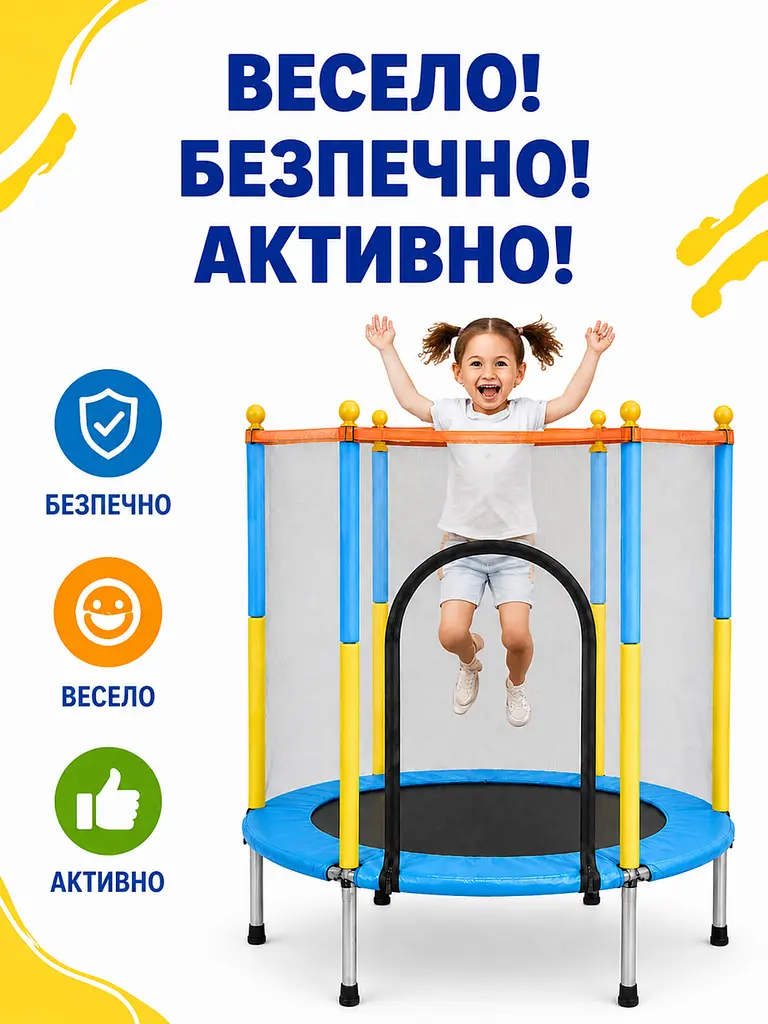 Дитячий каркасний батут із захисною сіткою жовто-блакитний шестикутний до 60 кг (49675854) - фото 2