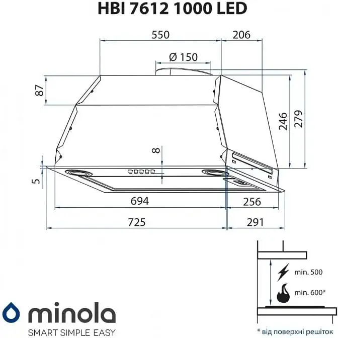 Витяжка вбудована Minola HBI 7612 I 1000 LED - фото 7