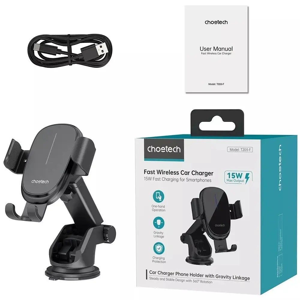Автомобильное крепление Choetech Gravity Car Wireless 15W Charger 4.7-7.2" Black - фото 3