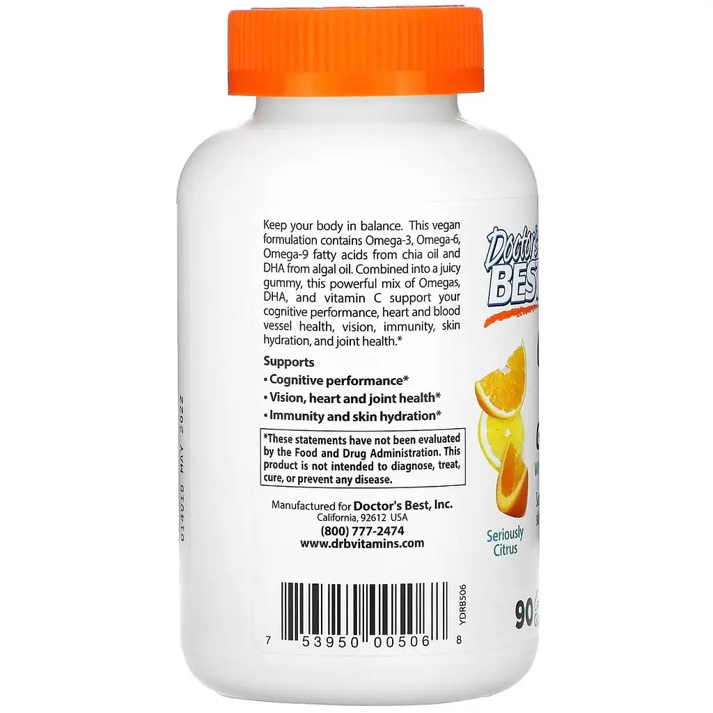 Вегетаріанська Омега 3-6-9 Doctor's Best Omega + DHA 90 желейних цукерок зі смаком цитруса - фото 3