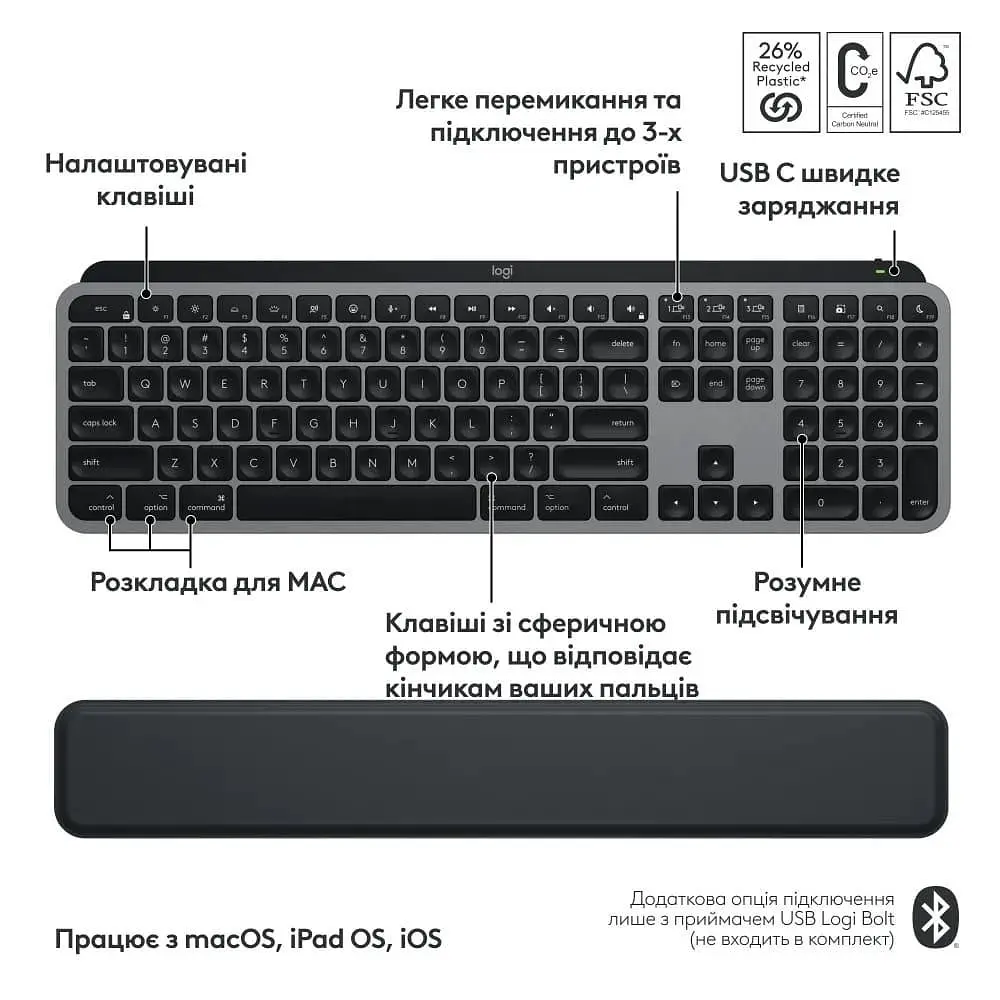 Комплект (клавиатура и мышь) Logitech MX Keys S Combo for Mac (920-012845) Space Grey - фото 4