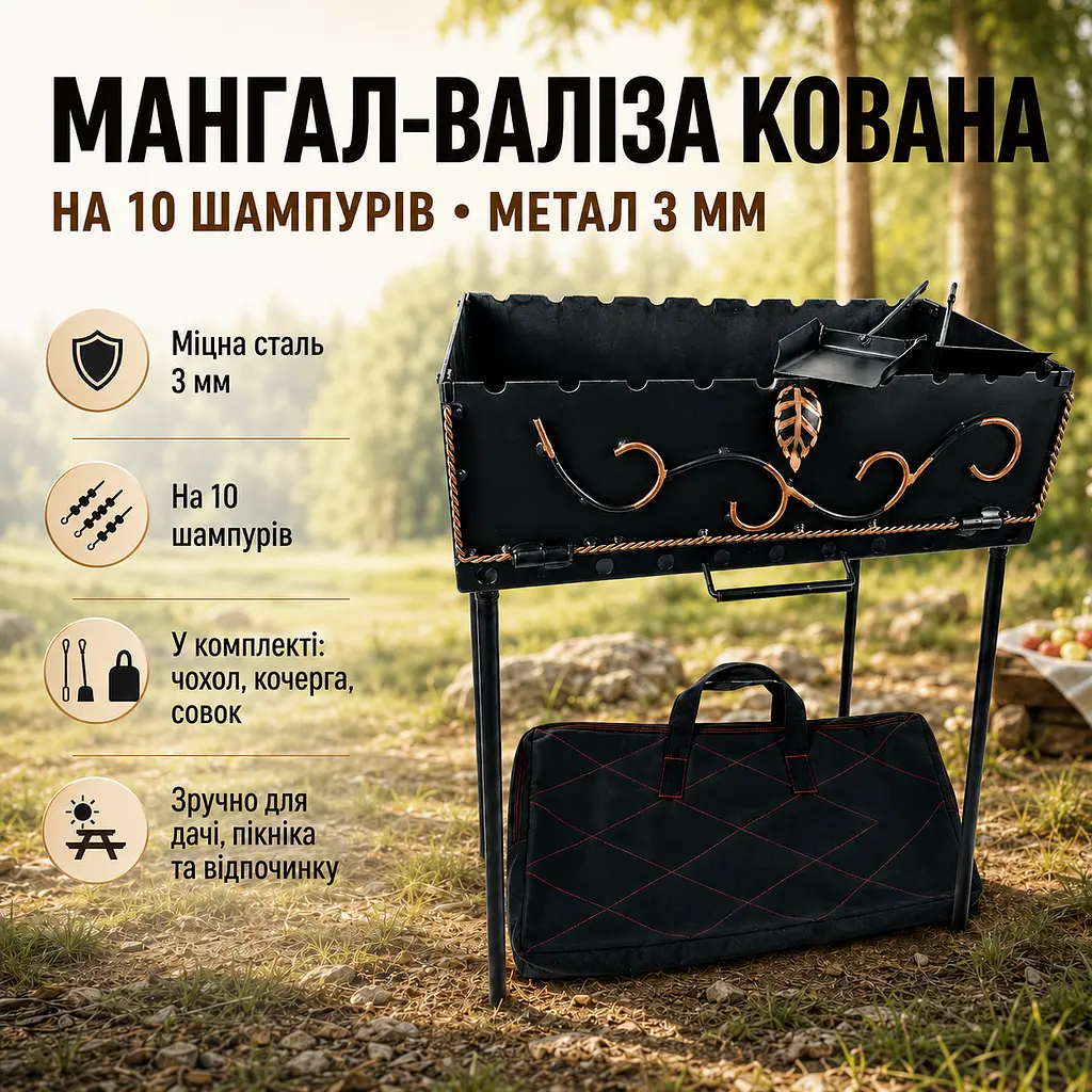 Туристичний мангал-валіза з кованими елементами в комплекті з чохлом, кочергою та совком 10 шампурів, 3 мм. - фото 2