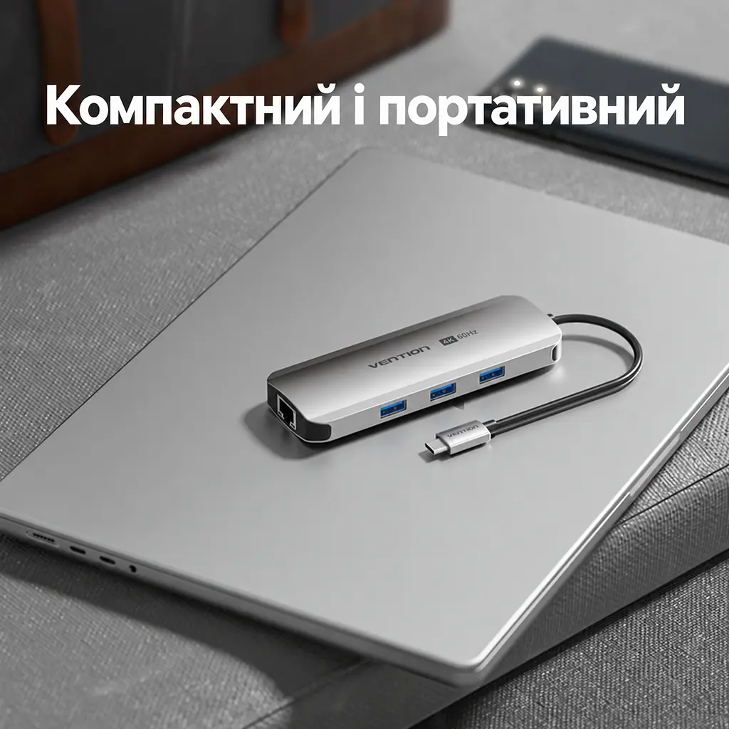Док-станція USB-C хаб Vention 8-в-1 HDMI до 4K 60 Гц 3 USB 3.0 для даних до 5 Гбіт/с Gigabit Ethernet RJ45 до 1000 Мбіт/с SD/TF читання або запис лише однієї карти за раз вхід PD для зовнішнього живлення й наскрізного заряджання хоста до 100 Вт потрібні блок живлення USB-C PD на вході PD та підтримка PD хостом HDMI потребує USB-C хоста з DP Alt Mode сумісність із Thunderbolt 3/4 вбудований кабель USB-C 0,15 м сірий (TQKHB) - фото 12