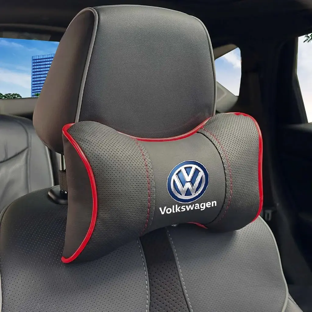 Подушка на підголівник з логотипом Volkswagen Екошкіра 3D Кольоровий лого Чорна-Червоний кант 1 шт