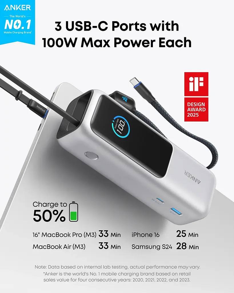 Портативний зарядний пристрій Anker 25000 mAh 165W PD Built-In Double USB-C Cables Silver (7160683) - фото 2