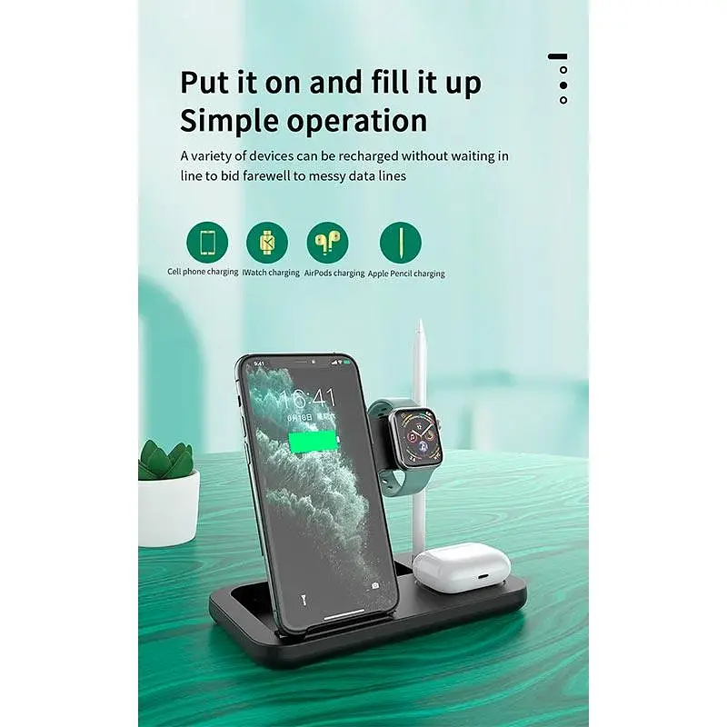Зарядка Qi 4in1 Wireless Charger JYD-WC132 5-15W Watch/AirPods/Pencil/Phone чорна - фото 2