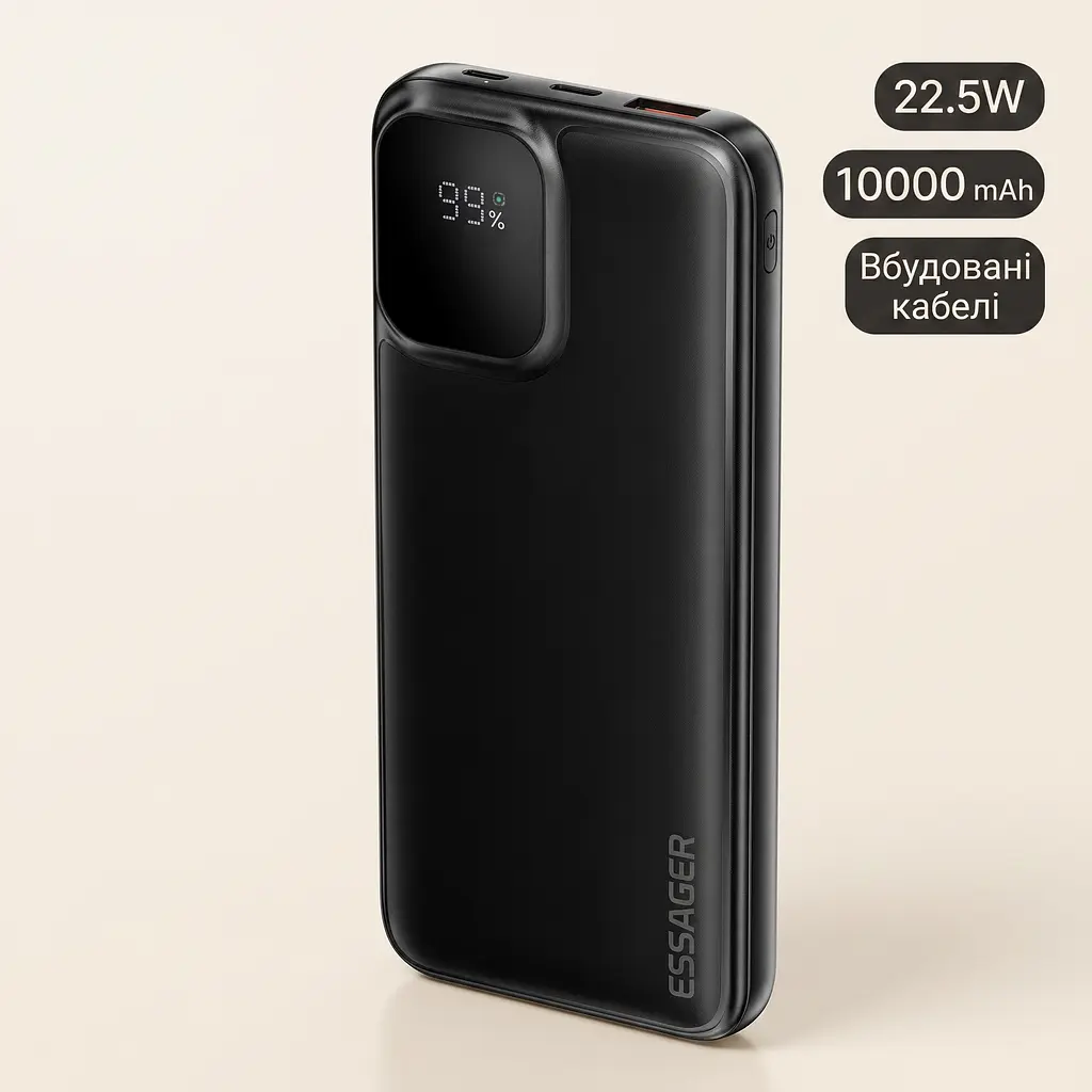 Павербанк Essager 10000 mAh 22.5W з кабелем (ES-D023), чорний - фото 2