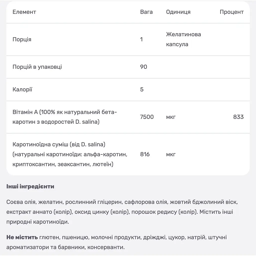 Бета Каротин океанічний Вітамін А Solgar 25 000 МО 90 капсул - фото 4