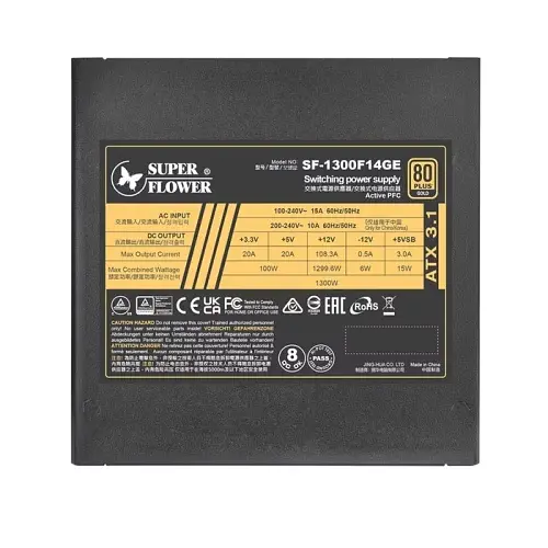 Блок питания 1300 Вт, Super Flower LEADEX III GE, Black, модульный, 80+ Gold, Active PFC, 14 см FDB, 4xMolex / 8xSATA / 1x16-pin / 4x6+2-pin / 2x4+4-pin / 1x20+4-pin, защита OVP/OCP/OPP/SCP/UVP/OTP/NLO/SIP, ATX3.1 (SF-1300F14GE) - фото 3