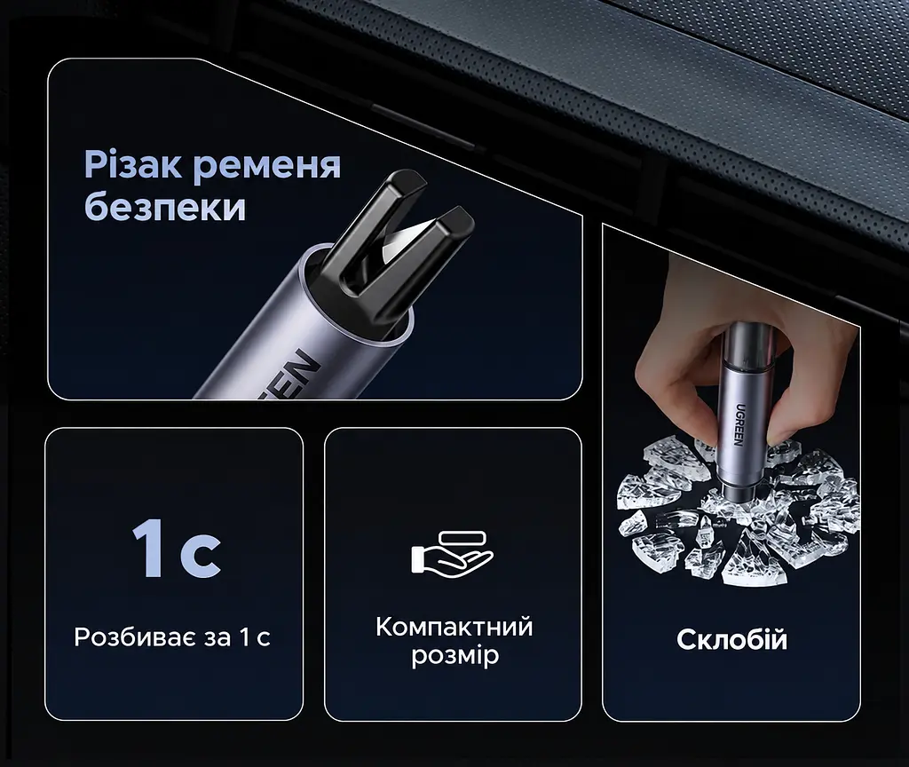 Автомобільний пружинний склобій із різаком ременя безпеки UGREEN CarSafe LP821 рятувальний молоток для загартованого скла працює під водою із тримачем для фіксації в автомобілі із тестовим склом для перевірки механізму сіро-фіолетовий із чорними деталями та прозорими торцевими кришками (35347) - фото 8