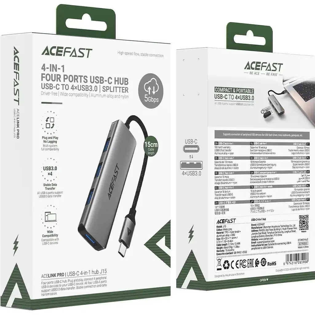 USB-Хаб Acefast J15 3.0 - 4xUSB-A 3.0 1м Black (6974316285908) - фото 6