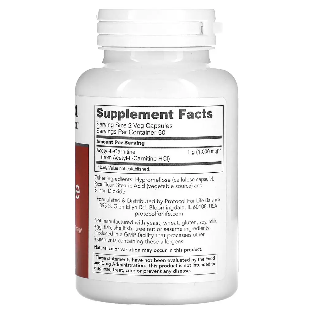 Ацетил-L-карнітин Protocol for Life Balance Acetyl-L-Carnitine 500 мг 100 капс - фото 2
