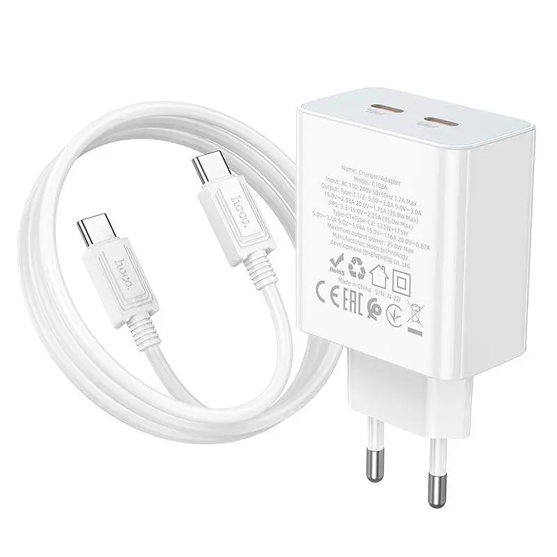 Адаптер мережевий HOCO Type-C to Type-C Cable Leader dual port(2C) charger C108A білий набір для заряджання - фото 7