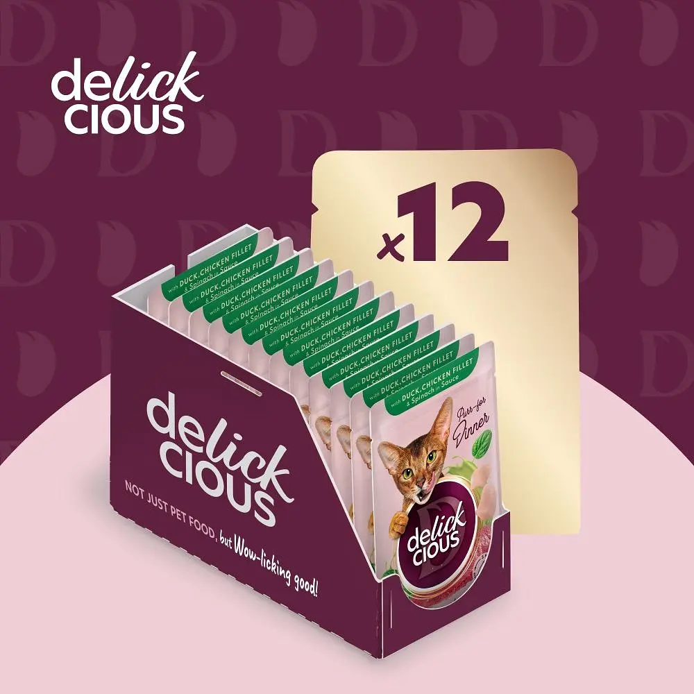 Влажный корм для кошек Delickcious Кусочки с уткой, куриным филе и шпинатом в соусе 85 г - фото 6