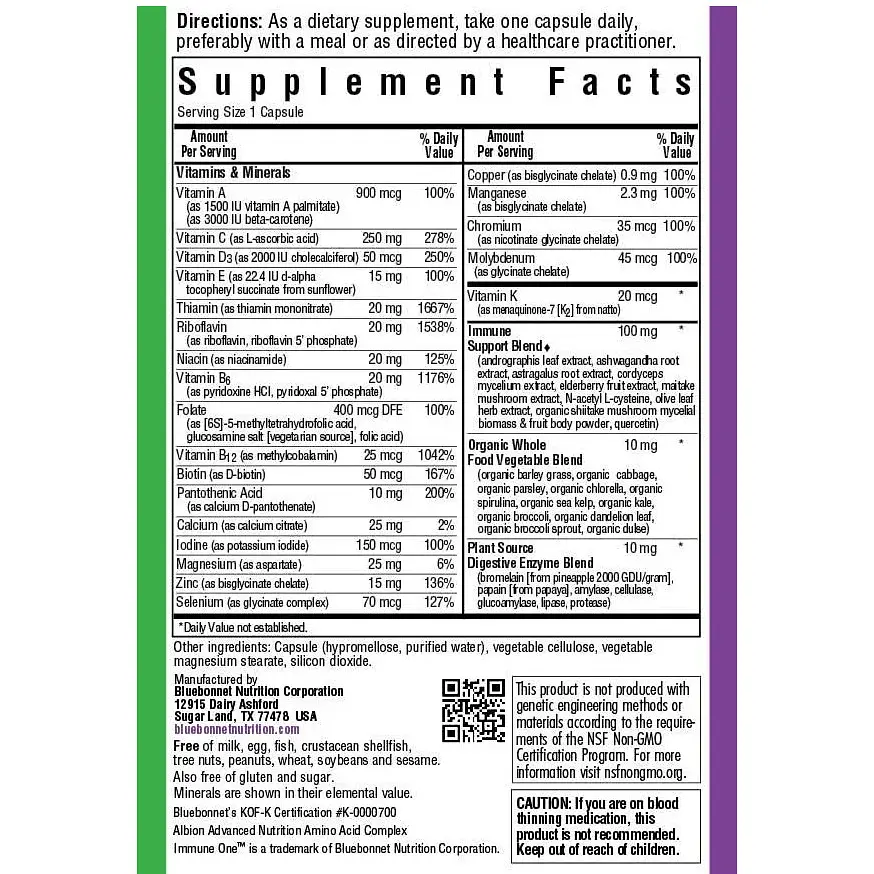 Мультивітаміни для підтримки імунітету Bluebonnet Nutrition Immune One Multiple 30 вегетаріанських капсул - фото 3